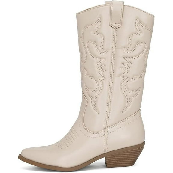 Cowboy Boots for Women - Western Style Mid-Calf Stacked Heel Boot - Ring By Chariot & Co (Bone Pu, 6)