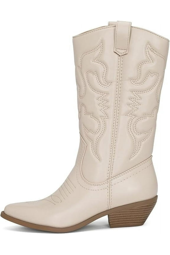 Cowboy Boots for Women - Western Style Mid-Calf Stacked Heel Boot - Ring By Chariot & Co (Bone Pu, 8)