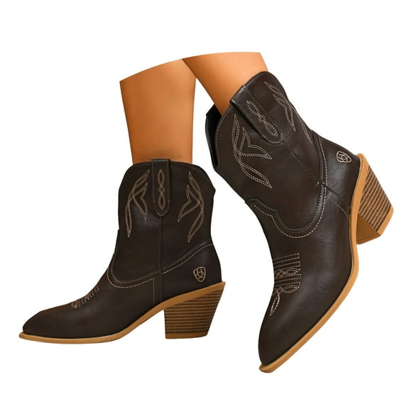Cowboy Boots for Women Wide Calf Chunky Heel Pull On Ankle Booties Comfortable Pointed Toe Dress Boots