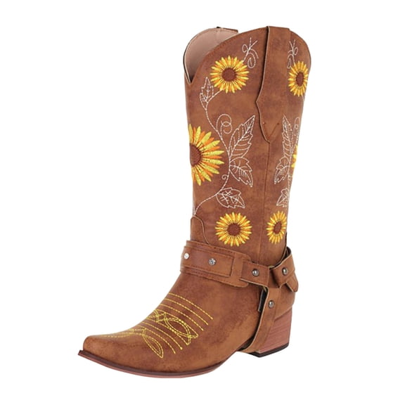 Cowboy Boots for Women Wide Calf Cowgirl Western Boots Sunflower Embroidery Stitched Square Toe Low Heel Mid Calf Booties Brown Size 8