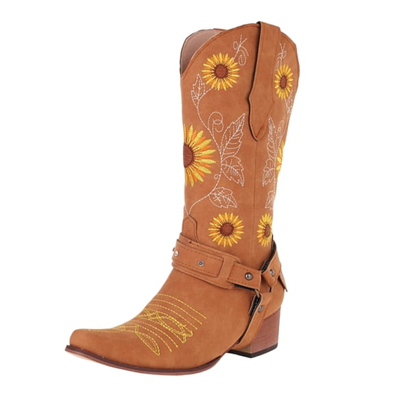 Cowboy Boots for Women Wide Calf Cowgirl Western Boots Sunflower Embroidery Stitched Square Toe Low Heel Mid Calf Booties Yellow Size 9.5