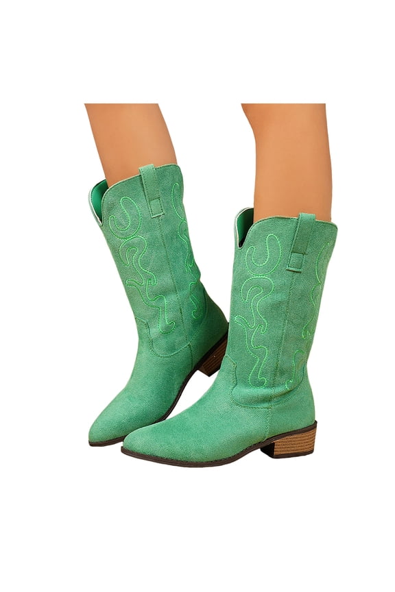 Cowboy Boots for Women Wide Calf Pull on Embroidery Pointed Toe Chunky Stracked Heel Booties