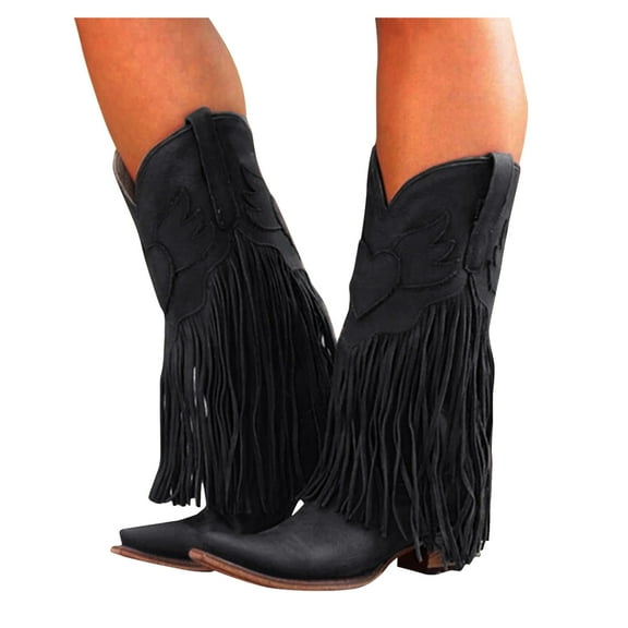 Cowboy Boots for Women Wide Mid Calf Long Fringe Tassel Heart Angle Stitched Pointed Toe Heeled Tall Cowgirl Boots