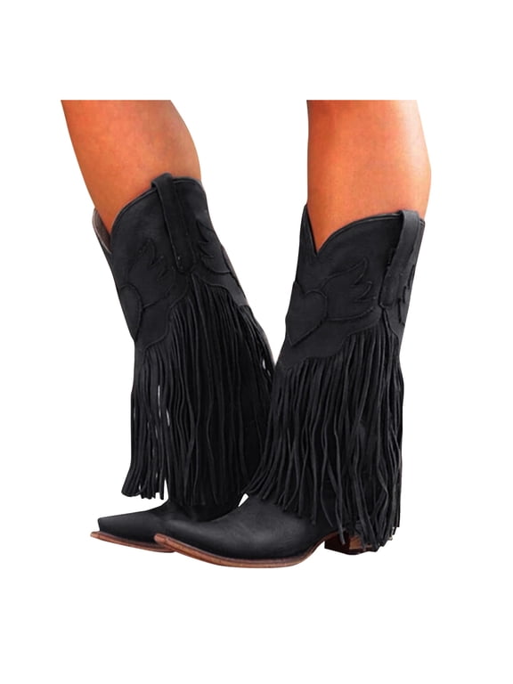 Cowboy Boots for Women Wide Mid Calf Long Fringe Tassel Heart Angle Stitched Pointed Toe Heeled Tall Cowgirl Boots