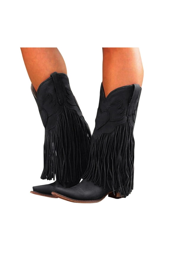 Cowboy Boots for Women Wide Mid Calf Long Fringe Tassel Heart Angle Stitched Pointed Toe Heeled Tall Cowgirl Boots