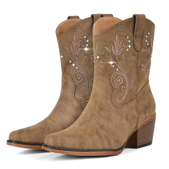 Cowboy Boots for Women Wide Suede Ankle Western Cowgirl Boots Mid Calf Pointed Toe Short Chunky Classic Booties