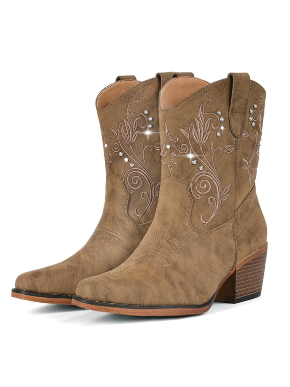 Cowboy Boots for Women Wide Suede Ankle Western Cowgirl Boots Mid Calf Pointed Toe Short Chunky Classic Booties