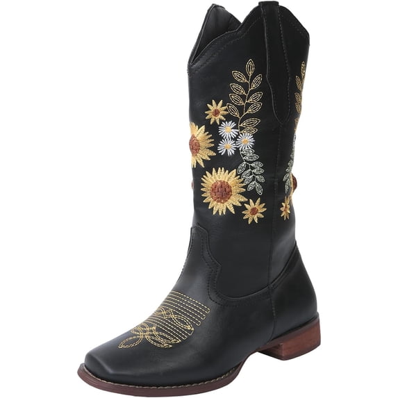 Cowboy Boots for Women's Mid Calf Cowgirl Western Shoes Sunflower Embroidery Stitched Square Toe Low Heel Ankle Boot