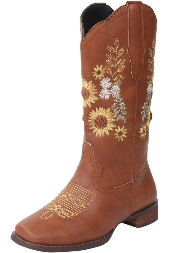 Cowboy Boots for Women's Mid Calf Cowgirl Western Shoes Sunflower Embroidery Stitched Square Toe Low Heel Ankle Boot