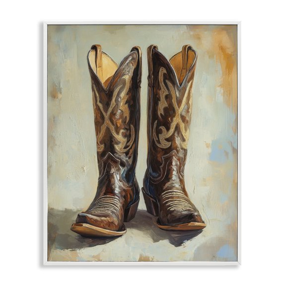 Stupell Industries Cowboy Boots over Abstract Pattern White Framed Giclee Art, design by Petal Prints Design