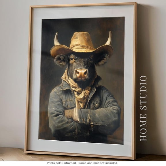 Cowboy Bull Art Print - Western Ranch Picture Vintage Steer Cow Quirky Farmhouse Rustic Texas