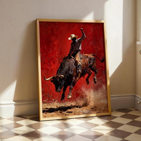 Cowboy Bull Rider Wall Art Print, Red Western Rodeo Painting, Modern Dramatic Illustration Poster Unframed Paper Print