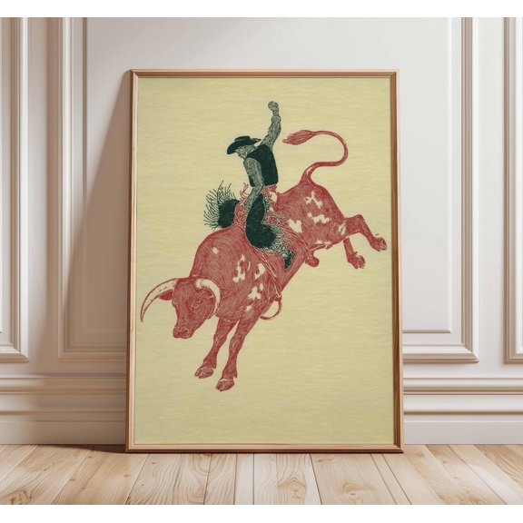 Cowboy Bull Riding Print, Western Rodeo Poster, Vintage Ranch Wall Art, Rustic Cowboy Decor, Wild West Bull Rider Artwork, Poster Only