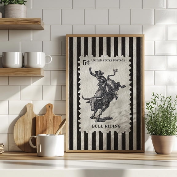 Cowboy Bull Riding Vintage Stamp Poster, Retro Striped Bull Rodeo Western Artwork Decor, Black And White Ranch Wall Print Unframed Paper Print