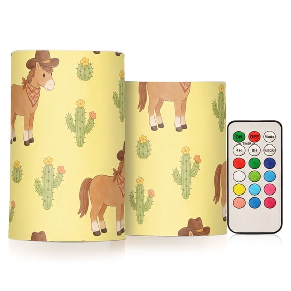 Cowboy Cactus Flickering Flameless Candles Battery Operated with Remote Timer LED Pillar Candles Set of 2