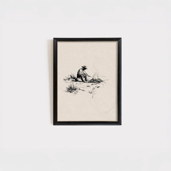 Cowboy Campfire Print Vintage Western Art Monochrome Ink Unframed Paper Print