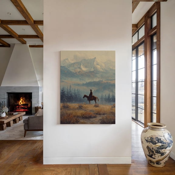 Cowboy Canvas Wall Art Dark Western Mountain Landscape Wall Decor Rustic Farmhouse Vintage Oil Painting Horse Riding Canvas Print, Unframed Poster Size 8x12