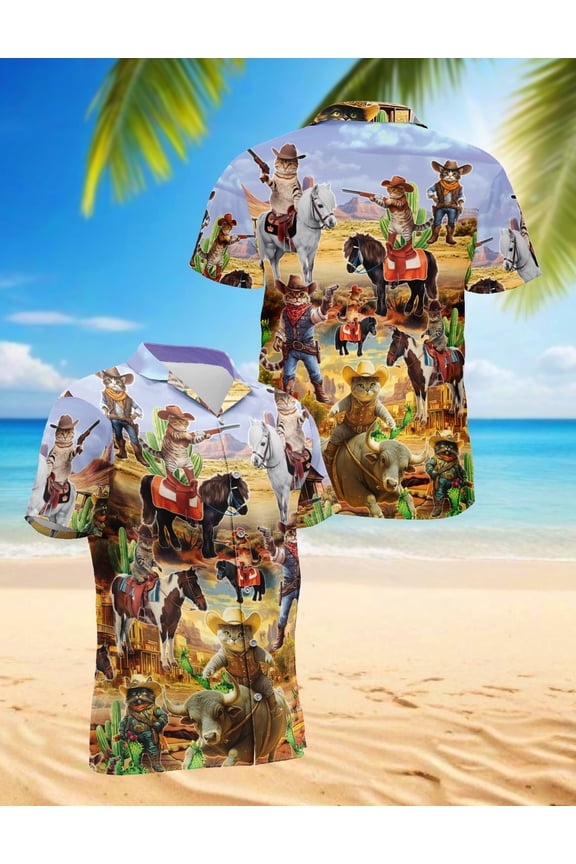 Cowboy Cat Hawaiian Shirt for Men, Western Style, Button Down Summer Beach Short Sleeve, Sizes S-5XL