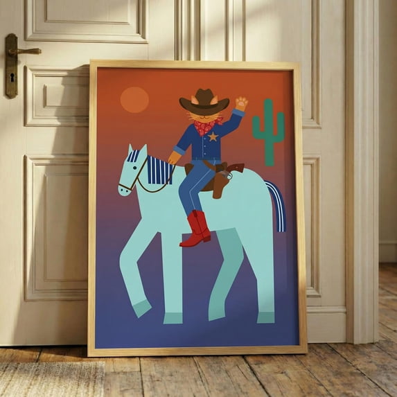 Cat Riding Food Cowboy Cat Poster, Colorful Room, Western Nursery, Cat Riding Horse ...