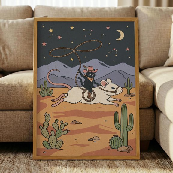 Cowboy Cat Print , Cat Riding Mouse Art, Retro Western Decor, Desert Boho Poster, Quirky Rodeo Wall Art, Black Cat Lover Gift , Poster Print Only