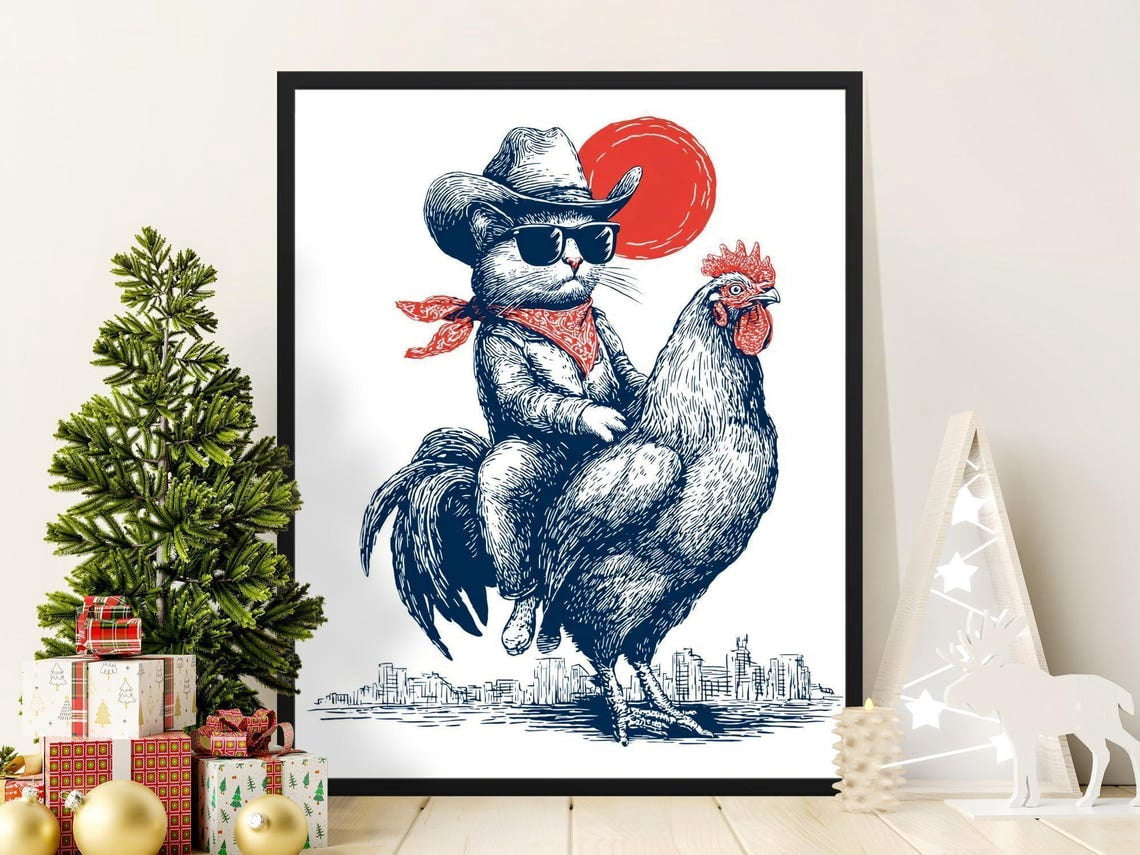 Cowboy Cat Riding Chicken Wall Art Print, Whimsical Western Animal ...