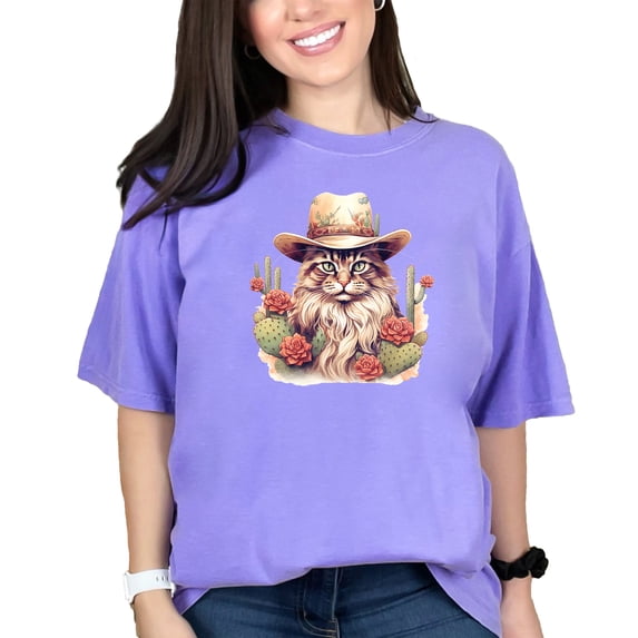 Cowboy Cat T-Shirt, Cat with Cowboy Hat Shirt, Funny Cat Lover Gift, Cute Feline Tee, Cactus and Cat Graphic Tee, Animal Lover Top, Violet Comfort Colors T-Shirt, Small
