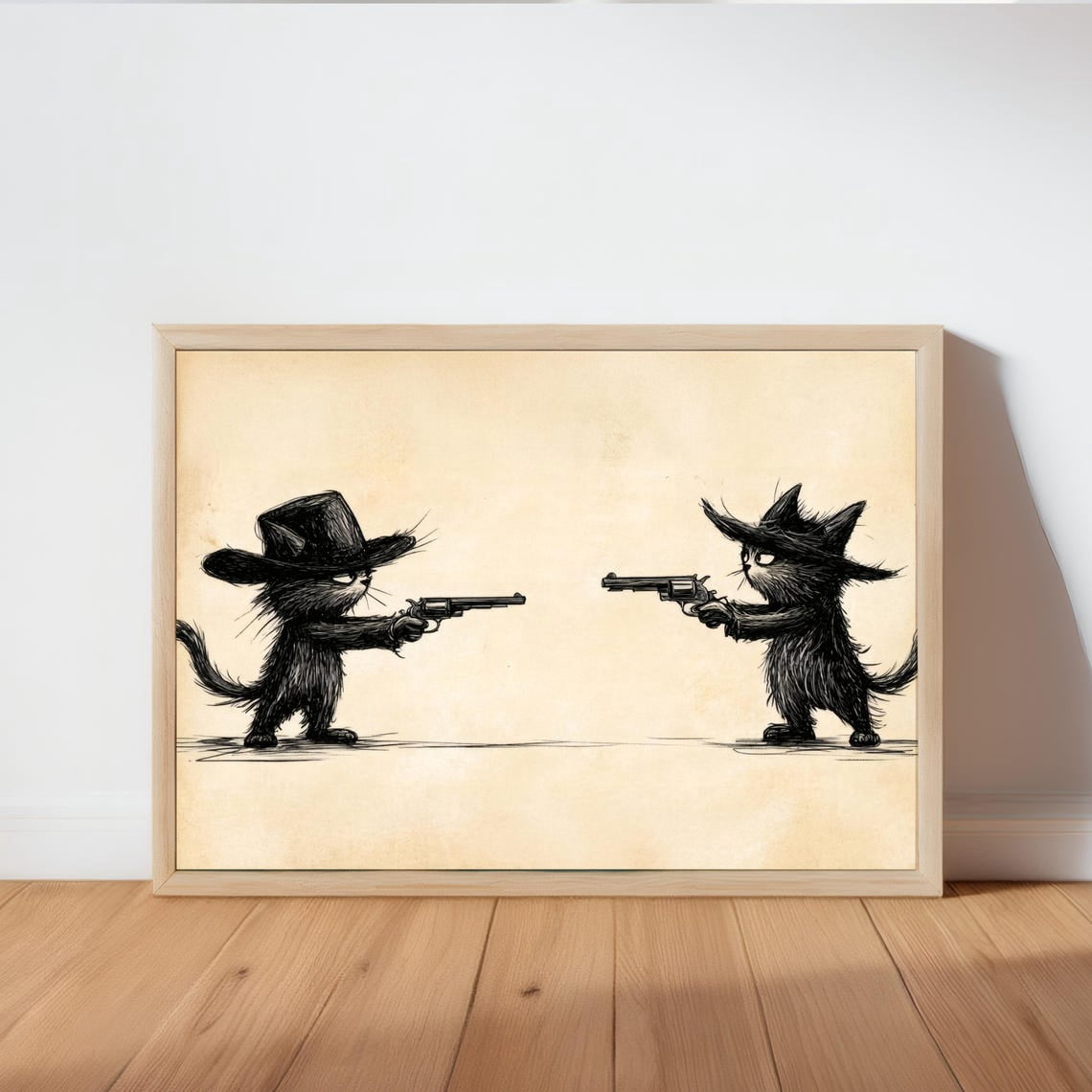 Cowboy Cat Wall Art Print, Black Vintage Ink Sketch, Western, Nature ...