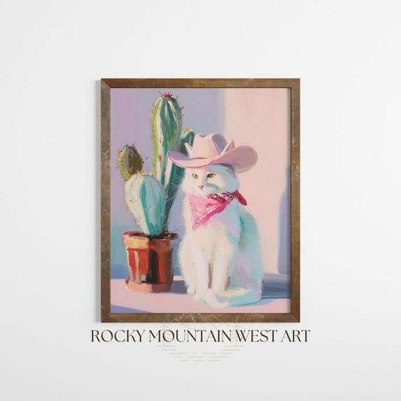 Cowboy Cat Wall Art Print Western Pink Cat Decor Boho Western Cat Wall Art Whimsical Boho Cat Print Eclectic Cat Poster Cat Lover Home Decor #197, Unframed Poster Size 12x18
