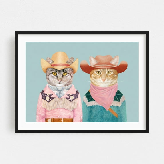 Cowboy Cats - Painting Cowboy Cat Animal Western Humor Illustration Whimsical Black Framed Wall Art Print 12 x 18 inches