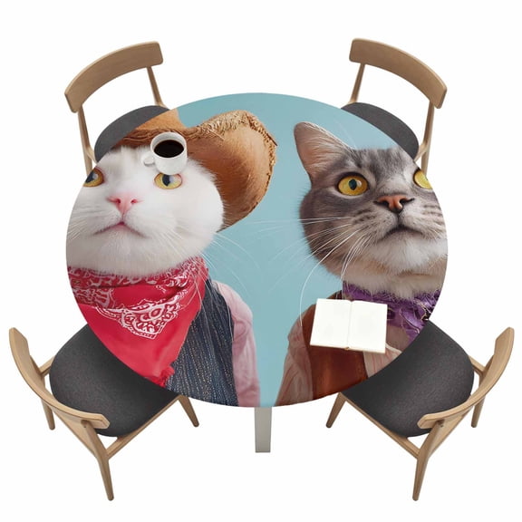 Cowboy Cats Round Fitted Table Cover Animals Bandana Scarf Rustic Western Waterproof Table Cloth with Elastic Edge Wipeable Tablecloth for Picnic Camping Party Fits 36"-44" Tables
