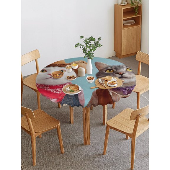 Cowboy Cats Round Fitted Tablecloth with Elastic Edge, Animals Bandana Scarf Rustic Western Waterproof Stretch Table Covers for 36"-44" Tables Wipeable Table Cloth for Outdoor
