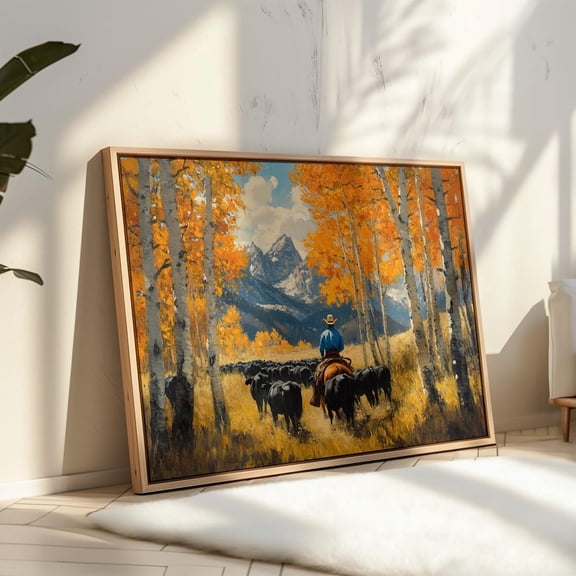 Cowboy Cattle Drive Art Print – Western Ranch Landscape Rustic Autumn Decor Horseback Herding Scene Farmhouse Wall Art Modern Wall Decor