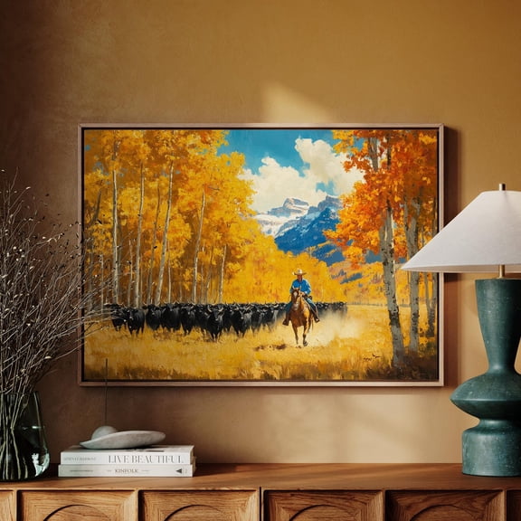 Cowboy Cattle Drive Autumn Art – Western Ranch Landscape Print, Rustic Fall Farmhouse Decor, Horseback Herding Scene, Country Wall Art Wall Art, Modern Wall Decor, 8x12 UNFRAMED