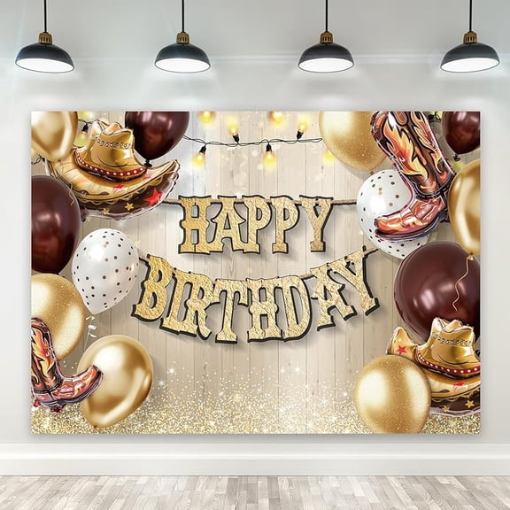 Cowboy Champagne Gold Happy Birthday Backdrop Brown Golden Balloon Diamond Sparkle Western Boy Photography Background Modern Table Decor Banner Studio Photo Shoot