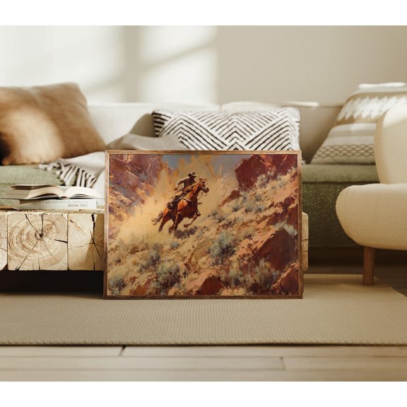 Cowboy Charge Down The Poster Canyon Slope , Poster Print Only