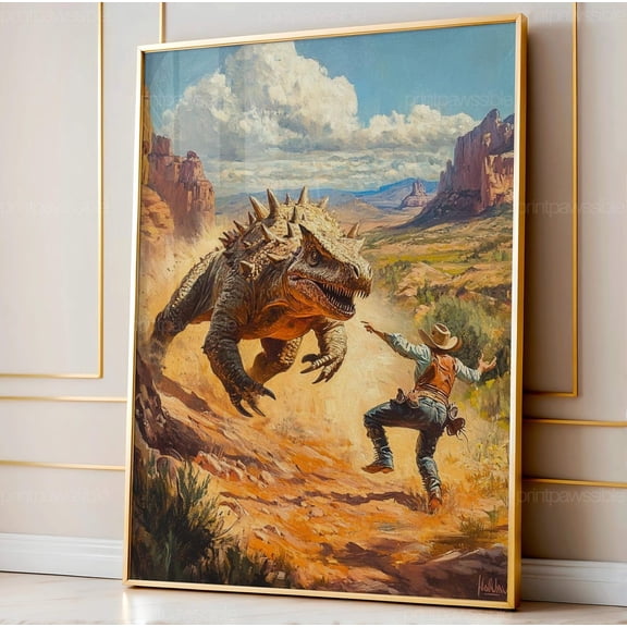 Cowboy Chasing Dinosaur Print Western Wall Art Jurassic Action for Him Decor, Unframed Paper Poster 8x10in