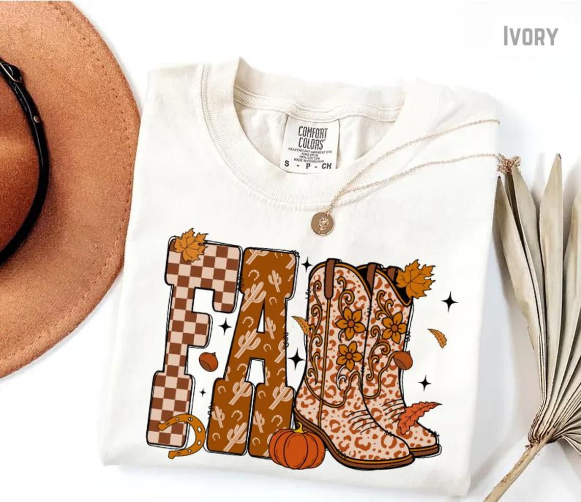 Cowboy Checkered Fall T-Fall Vibes T-Western Cowgirl Boots Fall Tee ...