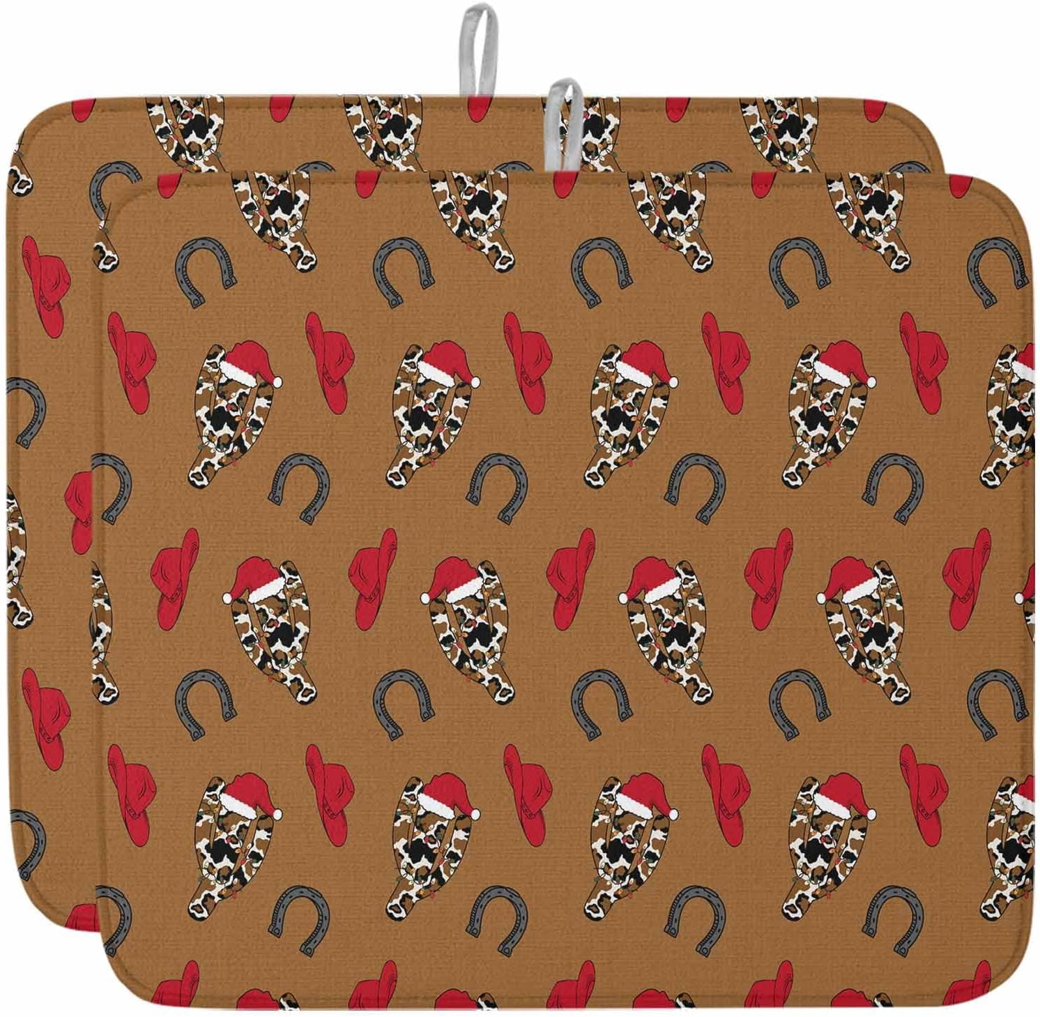 Cowboy Christmas Dish Drying Mat for Kitchen Counter, Western Brown Cactus Xmas Red Baby Bottle Microfiber Drying Pad, Absorbent Coffee Cup Dishes Drainer Mats 16"x18", 2 Pcs