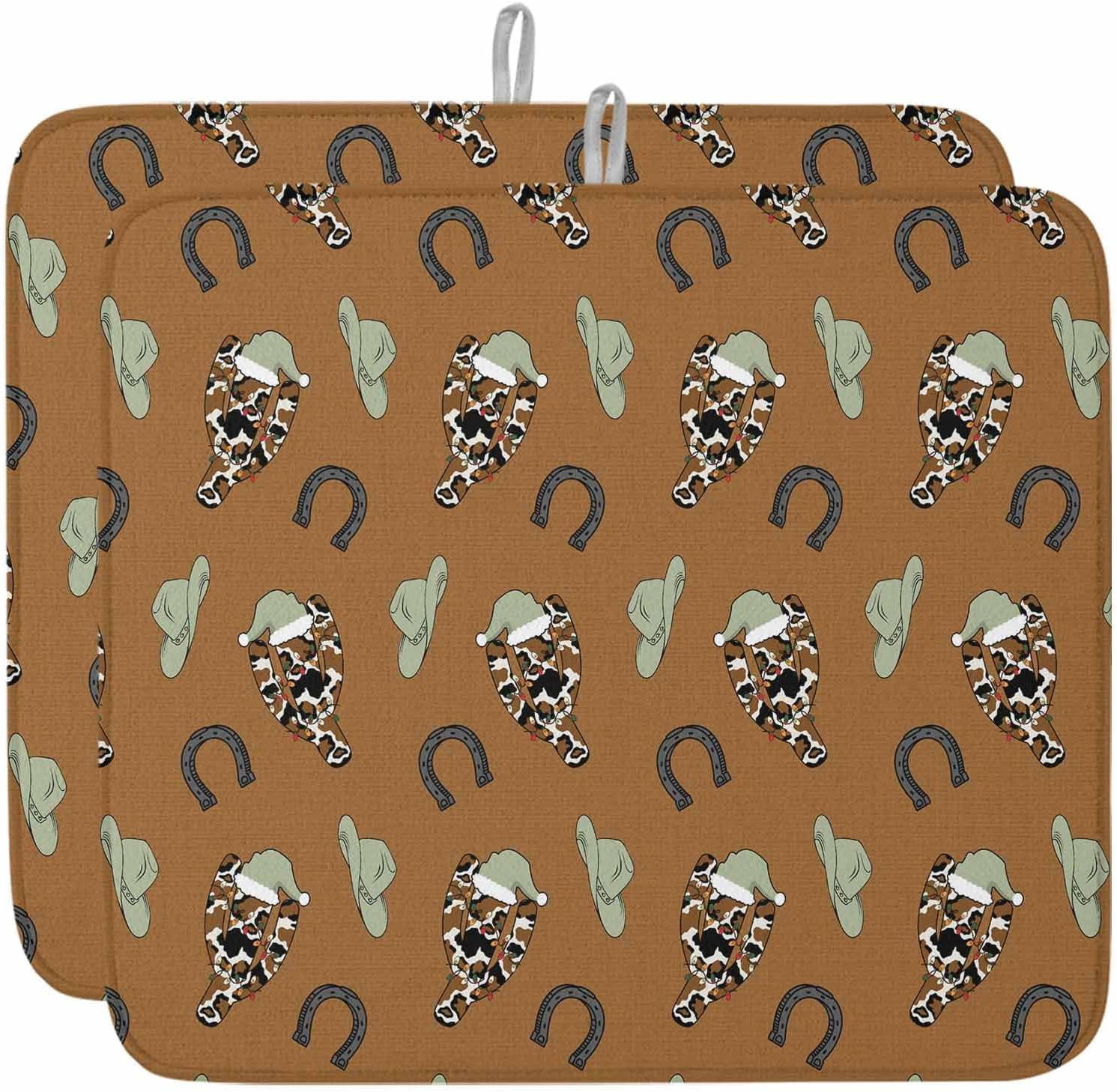 Cowboy Christmas Dish Drying Mat for Kitchen Counter, Western Brown Cactus Xmas Sage Green Baby Bottle Microfiber Drying Pad, Absorbent Coffee Cup Dishes Drainer Mats 16"x18", 2 Pcs