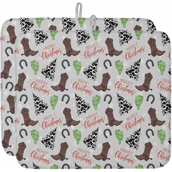 Cowboy Christmas Dish Drying Mat for Kitchen Counter, Western Cactus Xmas Snowflake Tree Baby Bottle Microfiber Drying Pad, Absorbent Coffee Cup Dishes Drainer Mats 16"x18", 2 Pcs