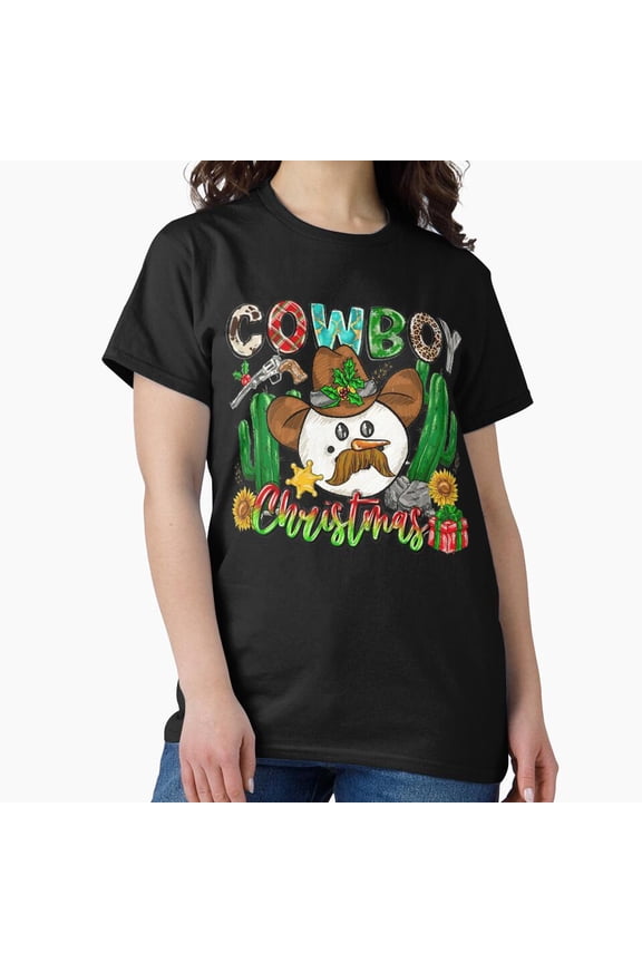 Cowboy Christmas Snowman Cactus Western Holiday Festive Scene Unisex T-Shirt, up to size 5XL