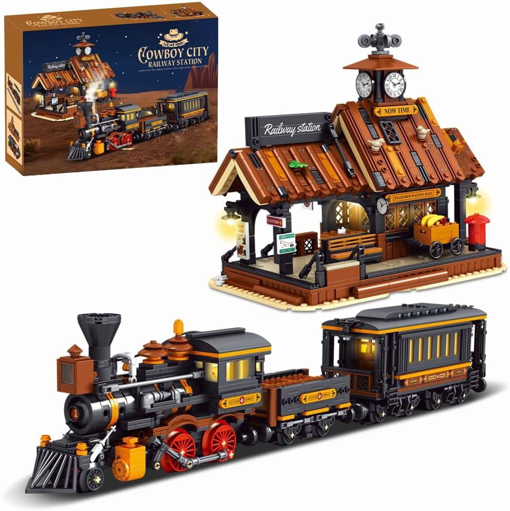 Gare Western Cowboy City – 2640 Pièces De Construction Avec Lumières LED, Train à Vapeur Et Rails – Modèle Wild West Pour Adultes