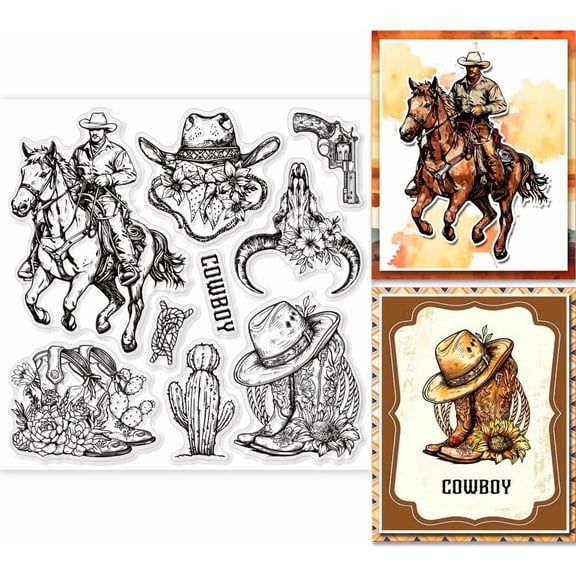 Cowboy Clear Stamps for Cards Making Wild West Clear Stamp Seals 5.91x5.91inch Transparent Stamps for DIY Scrapbooking Photo Album Journal Home Decoration Mixed Color 1sheet