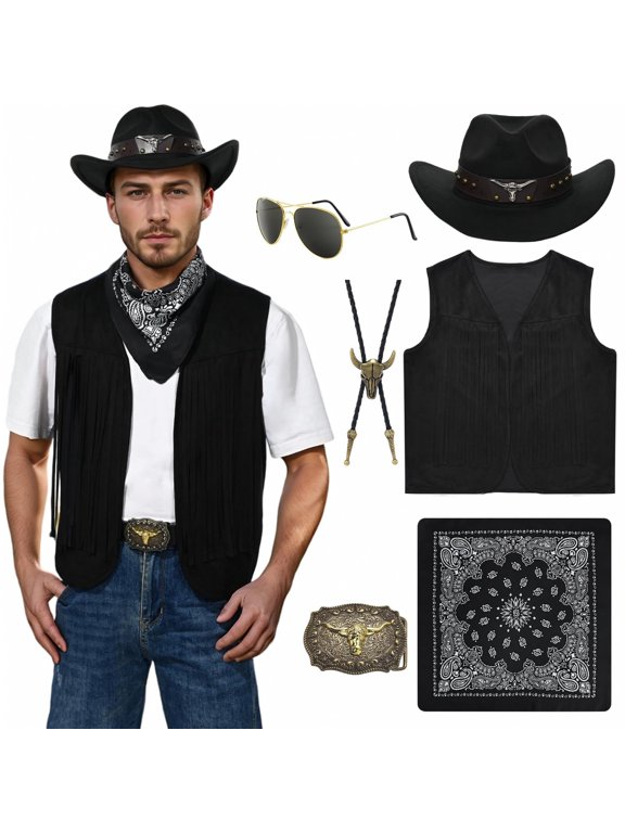 Cowboy Costume, Cowboy Outfit, Western Outfit for Men, Cowboy Cos, Cowboy Cosplay, Cowboy Outfit for Men-Western Costume Set Hat Necklace Bandana Tassel Vest Buckle for Cosplay Rodeo Party, Black XXL