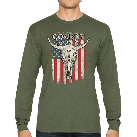 Cowboy Country Steer Head Long Sleeve T-shirt Vintage Cow Skull American Flag