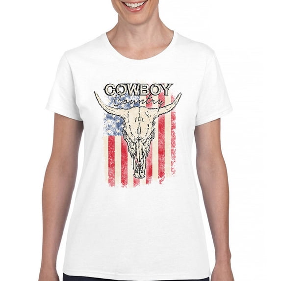 Cowboy Country Steer Head T-Shirt Vintage Cow Skull American Flag Women's Tee
