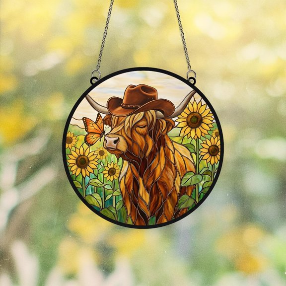 Cowboy Cow Glass Suncatcher, Cow Sunflower Window Hanging Farmhouse Rustic Country, 7.9 in
