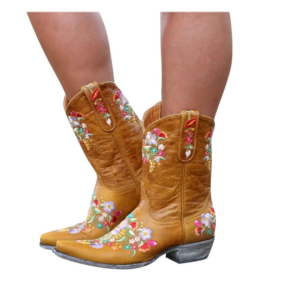 Cowboy Cowgirl Boots Women Western Ankle Short Booties Pointed Toe Low Chunky Heel Country Dress Shoes