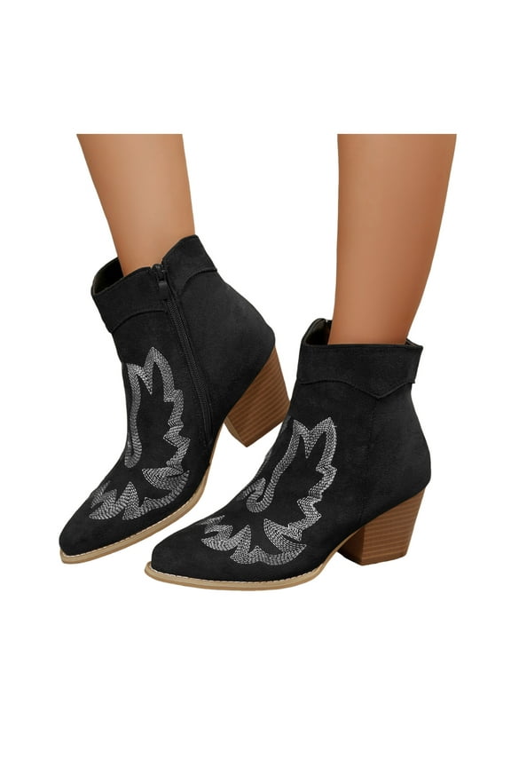Cowboy Cowgirl Boots Women Western Ankle Short Booties Pointed Toe Low Chunky Heel Country Dress Shoes