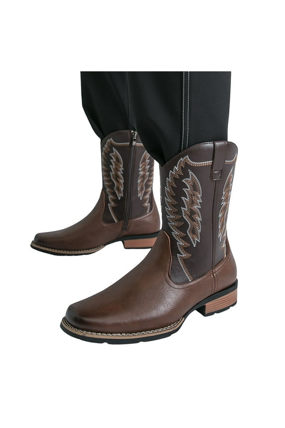 Cowboy Cowgirl Boots for Men Leather Square Toe Chunky Low Heels Wide Mid Calf Slip on Work Boots